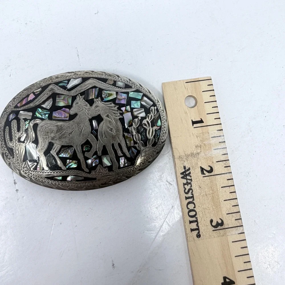 Vintage Mexico Alpaca Silver Horse Belt Buckle Abalone Shell Mosaic Inlay 3.25